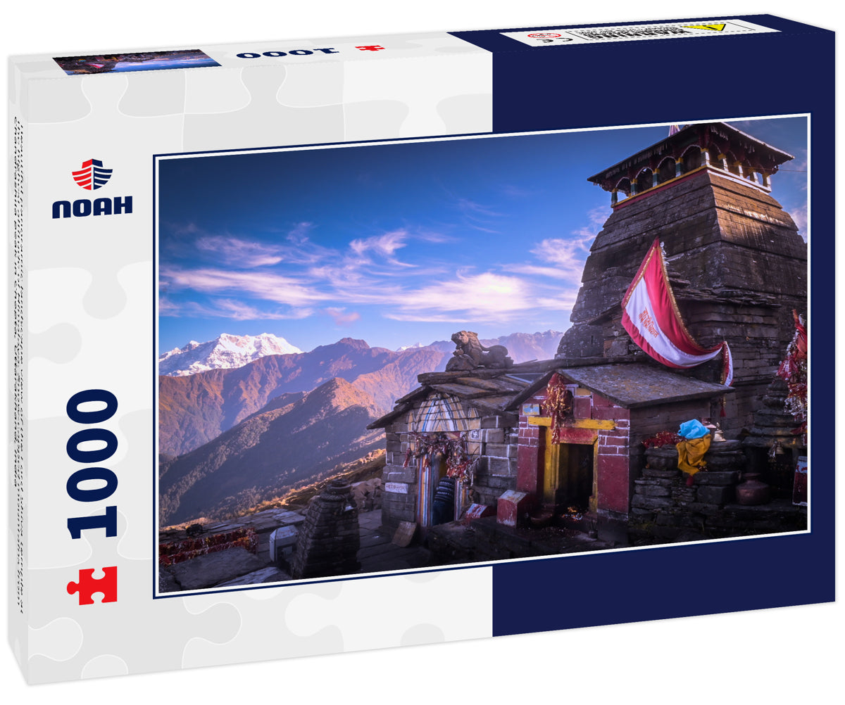 Beautiful panoramic landscape view of the Lord Shiva temple at the highest altitude of Himalaya. Snow-capped mountains from Chandrashila peak in Chopta, Uttarakhand, India