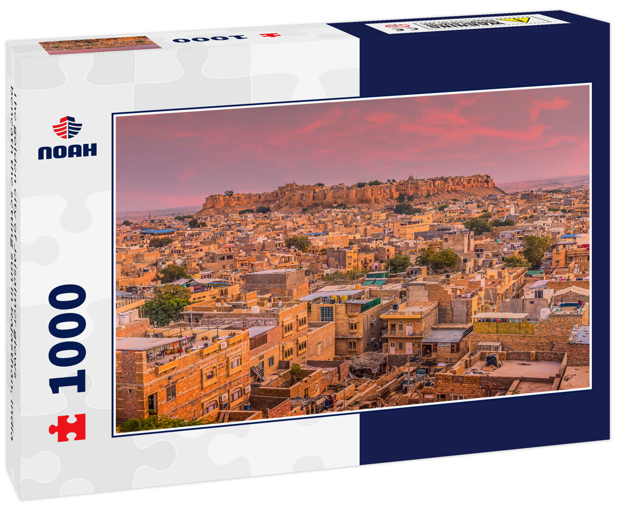 The golden city of Jaisalmer glows beneath the setting sun in Rajasthan, India