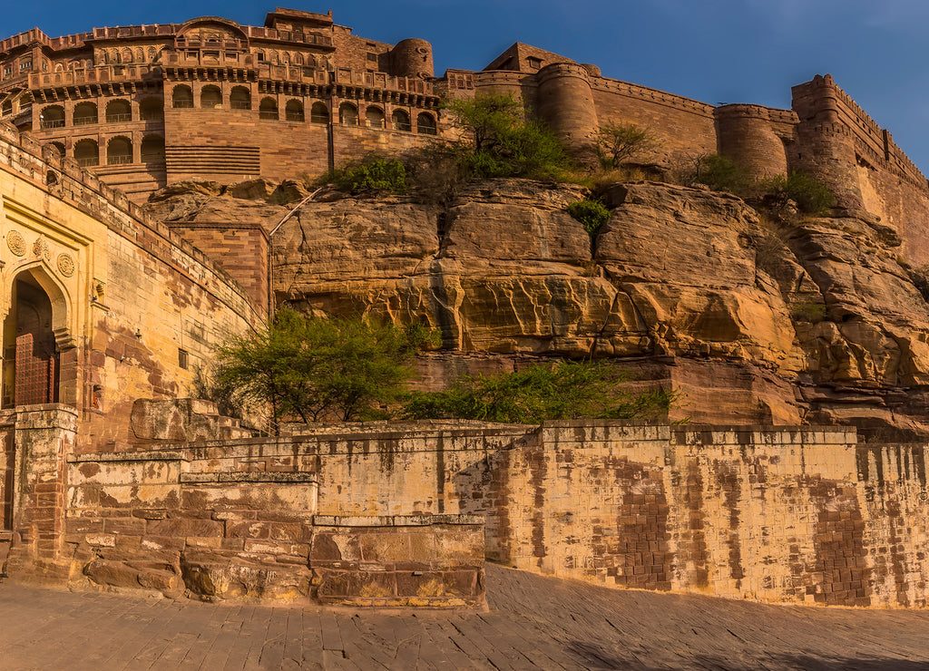 A panorama view towards the fort and old town above the blue city of Jodhpur, Rajasthan, India in the late afternoon