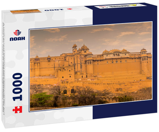 A view across Maotha lake towards the fort above the town in Jaipur, Rajasthan, India