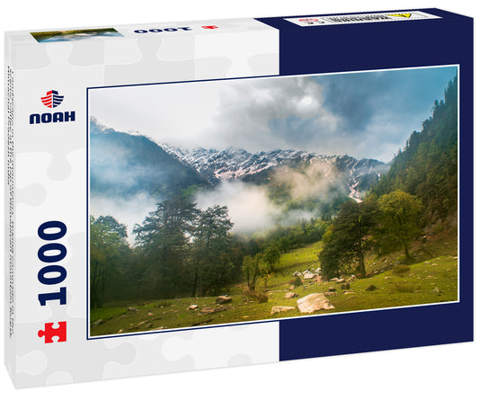 Landscape in the mountains. Hiking campsite in the scenic valley at the lap of Himalayan mountain forest, Himachal Pradesh India