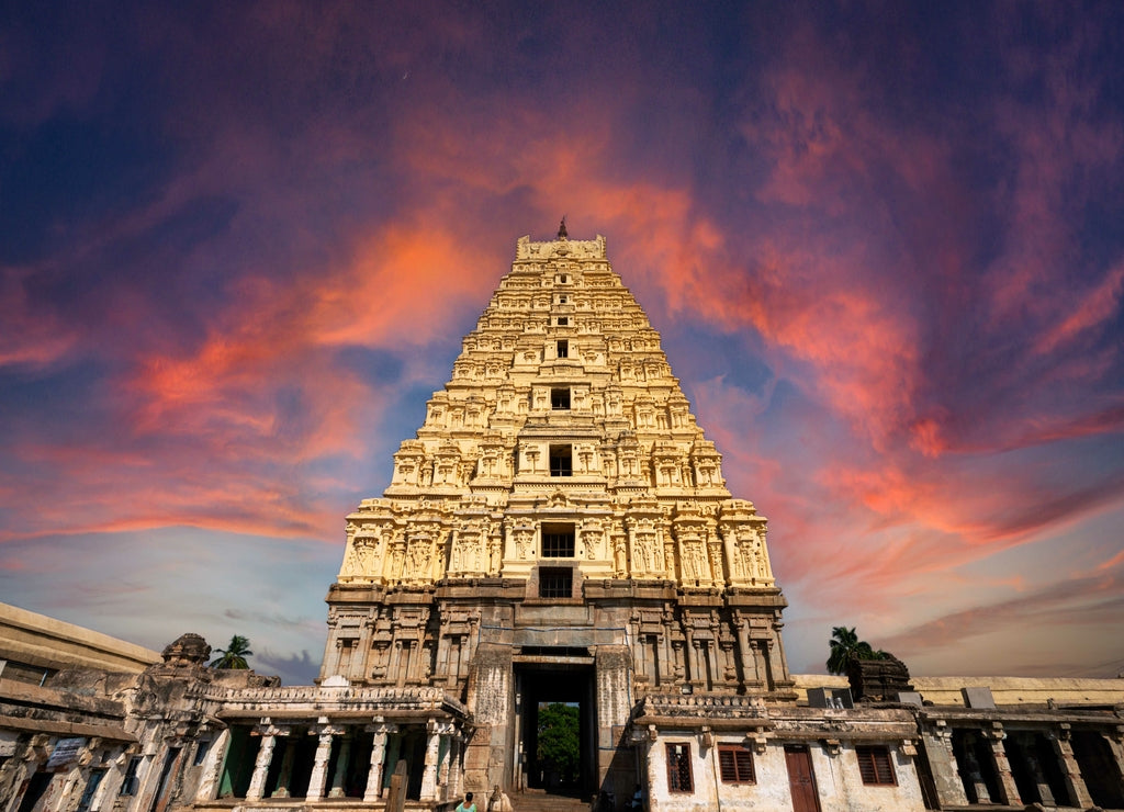 Stunning view at Sree Virupaksha Temple in Hampi on the banks of Tungabhadra River, UNESCO World Heritage Site, Karnataka, India