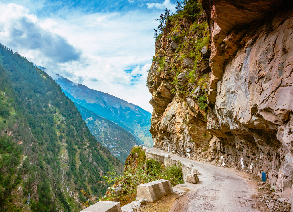 Hilly mountain road through Himalayas mountains near Chitkul, Kalpa Kinnaur, Himachal Pradesh, India