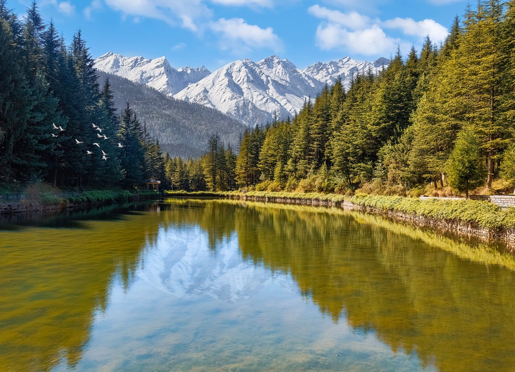 Scenic mountain lake with Kailash Himalaya landscape at Narkanda, Himachal Pradesh India