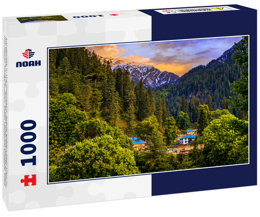 Landscape in the mountains. Scenic golden hour view in the Himalaya range. Sunrise view from the dense forest of Himalayan village Grahan, Kasol, Himachal Pradesh, India