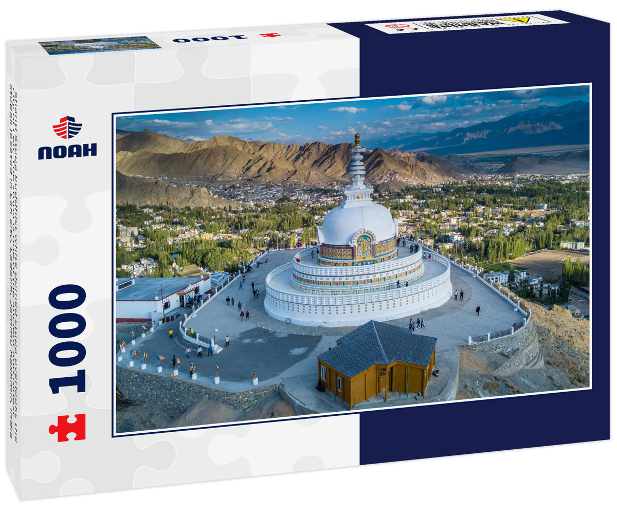 Shanti Stupa buddhist white domed stupa overlooks the city of Leh, The stupa is one of the ancient and oldest stupas located in Leh city, Ladakh, Jammu Kashmir, India