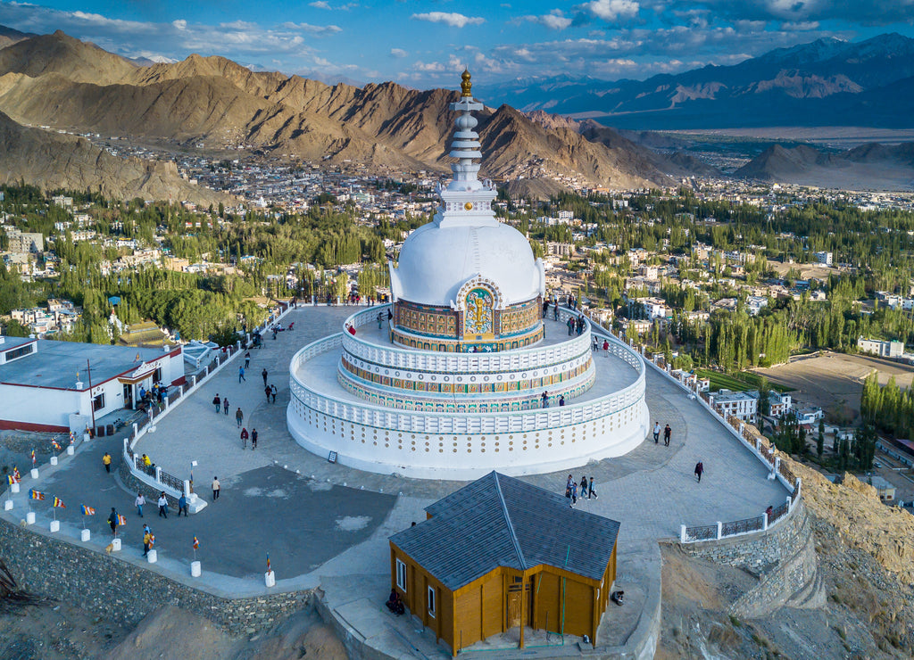 Shanti Stupa buddhist white domed stupa overlooks the city of Leh, The stupa is one of the ancient and oldest stupas located in Leh city, Ladakh, Jammu Kashmir, India