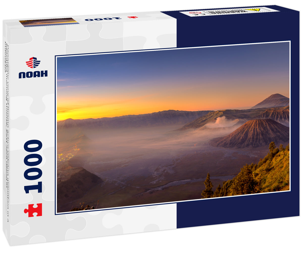 Panoramic view of Bromo active volcano mountain in a beautiful morning sunrise, East Java island in Indonesia