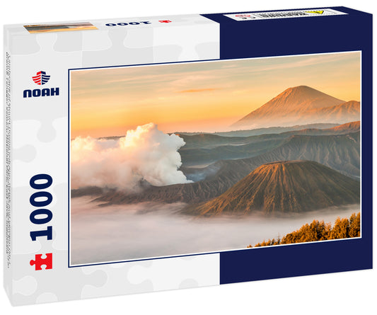 Landscape of Mount Bromo volcano, Batok and Semeru (Mt.) during sunrise from viewpoint on Mount Penanjakan located in Bromo Tengger Semeru National Park, East Java, Indonesia