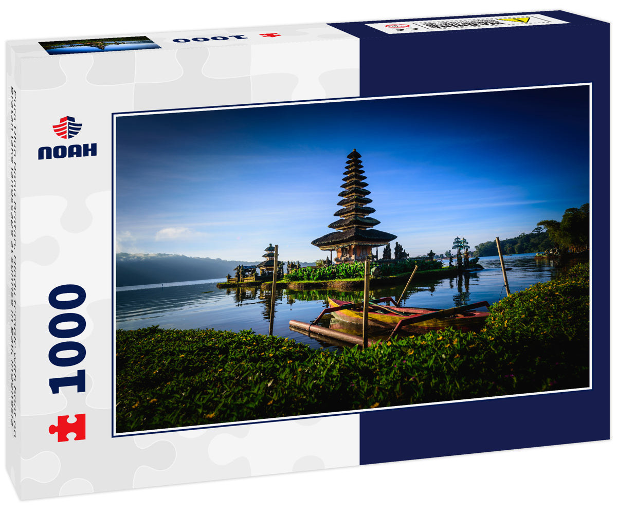 Pura Ulun Danu Bratan, Hindu temple with boat on Bratan lake landscape at sunrise in Bali, Indonesia