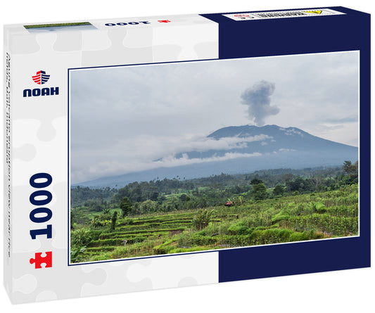 Agung volcano eruption view near rice fields, Bali, Indonesia