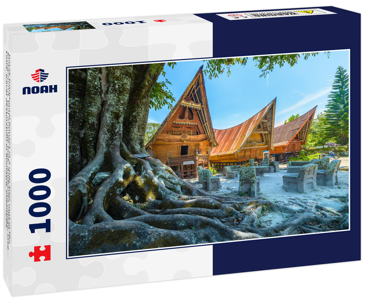 Batak traditional houses in a row, tree root in the foreground, teal orange look. Ambarita village, lake Toba, travel destination in Sumatra, Indonesia