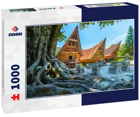 Batak traditional houses in a row, tree root in the foreground, teal orange look. Ambarita village, lake Toba, travel destination in Sumatra, Indonesia