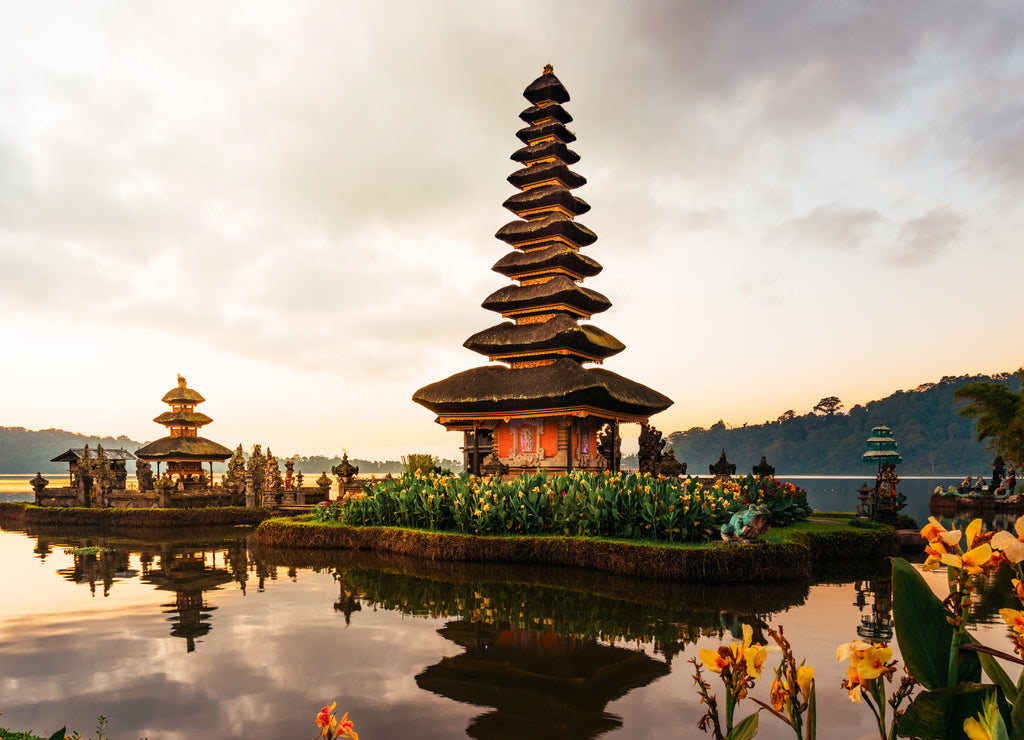 Pura Ulun Danu temple panorama at sunrise on a lake Bratan, Bali, Indonesia