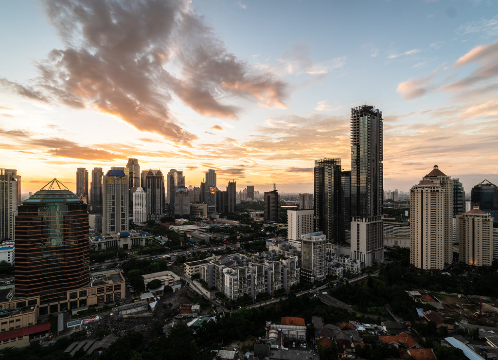 Sunset over Jakarta business district in Indonesia