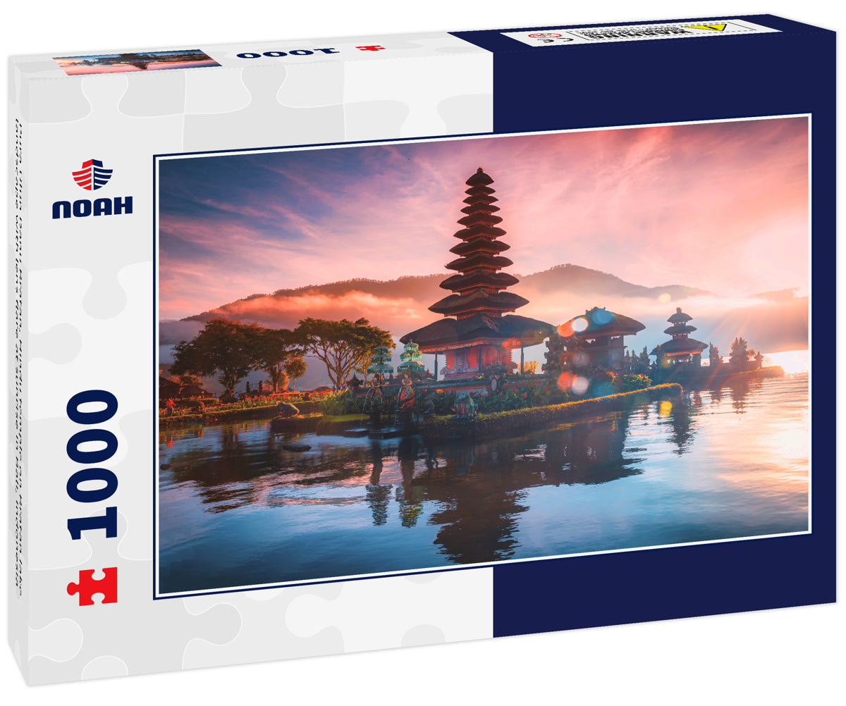 Pura Ulun Danu Bratan, Hindu temple on Bratan lake landscape with lens flare at sunrise in Bali, Indonesia