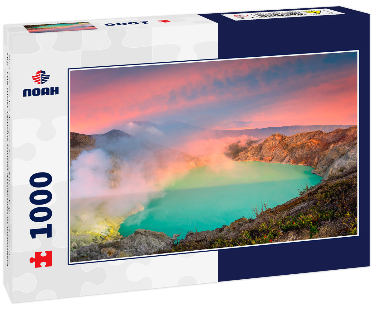 Panorama landscape view of Kawah Ijen at sunrise sky. The most famous tourist attraction in Indonesia