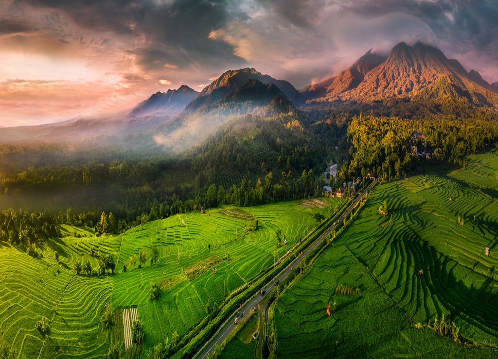 Beauty aerial view of mountain range in Sumatera with amazing sky in north Bengkulu Village, Indonesia