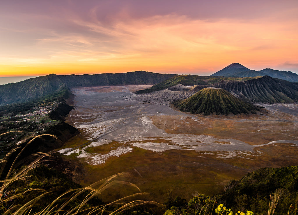 Sunrise on Bromo,Batok,Semeru volcano. Bromo is an active volcano and part of Tengger massif in Tengger caldera in East Java, Indonesia. Bromo Tengger Semeru National Park. Penanjakan Viewpoint