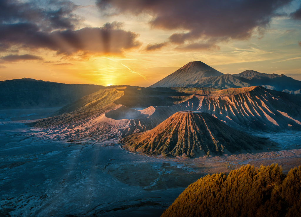 Mount Bromo volcano (Gunung Bromo) at sunrise with colorful sky background in Bromo Tengger Semeru National Park, East Java, Indonesia