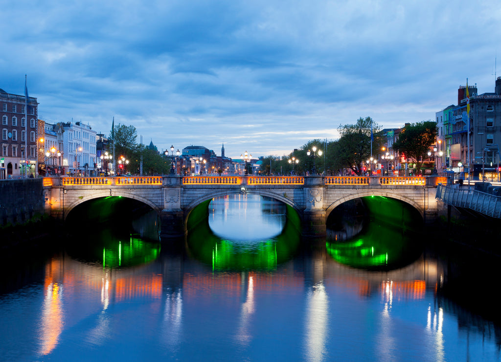 O'Connell Bridge in Dublin, Ireland down by the Liffey River at sunset
