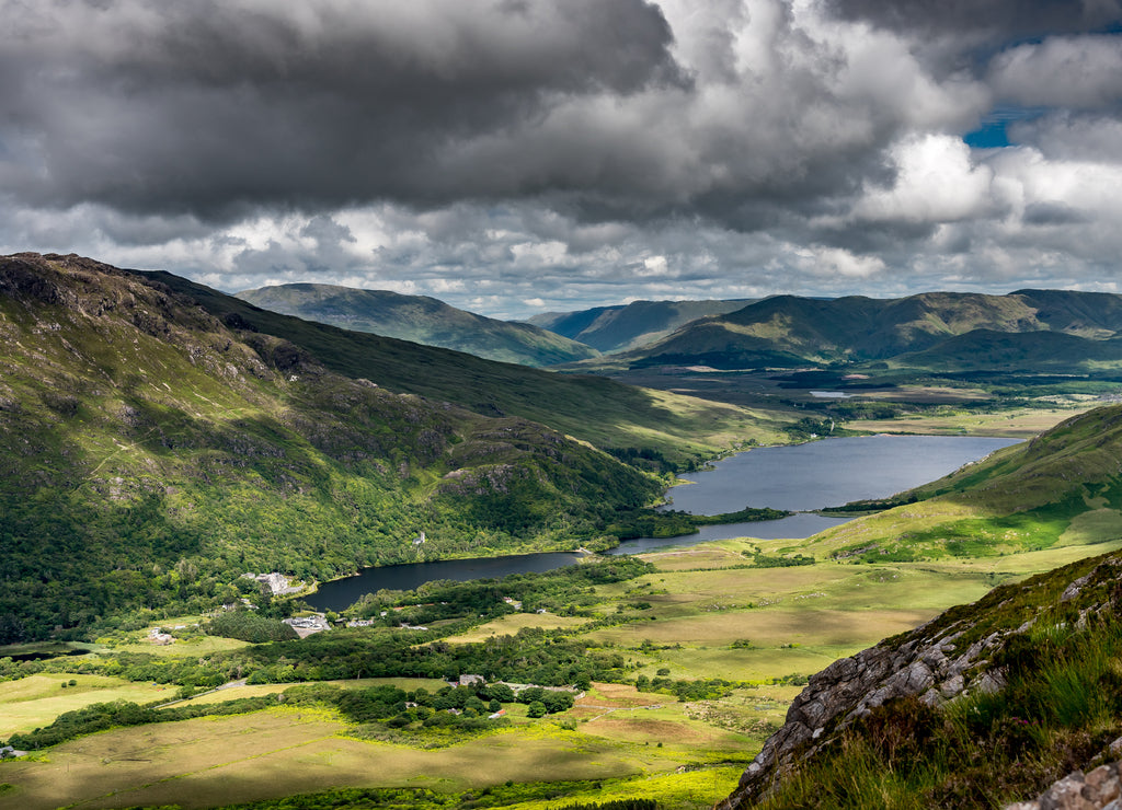 Kylemore Lough and Kylemore Abbey seen from Diamond Hill in Connmara National Park, Ireland