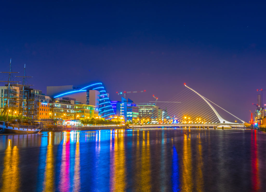 Night view of the Convention Center Dublin and Samuel Beckett Bridge, Ireland
