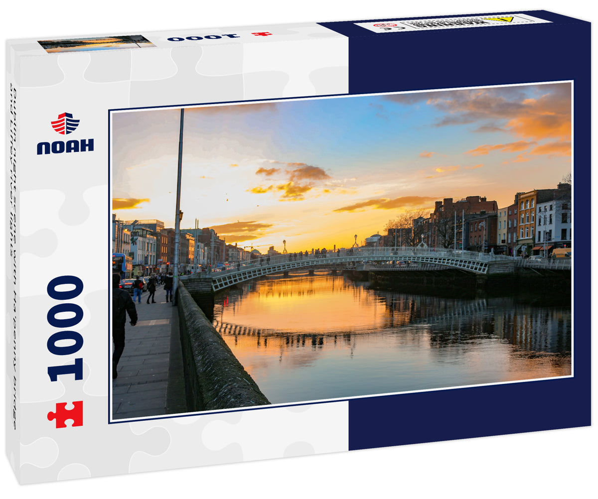 Dublin night scene with Ha'penny bridge and Liffey river lights