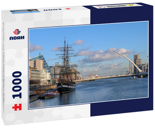 View of the river Liffey, Samuel Beckett Bridge and Jeanie Johnston Famine ship in Dublin. Ireland