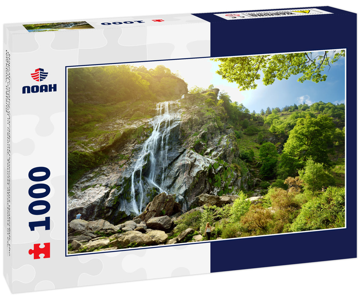 Majestic water cascade of Powerscourt Waterfall, the highest waterfall in Ireland. Tourist atractions in co. Wicklow, Ireland