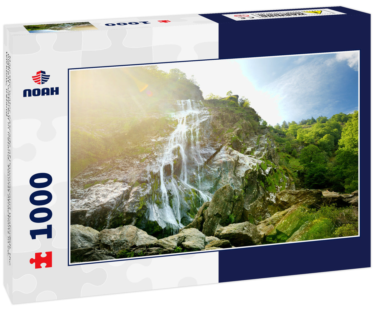 Majestic water cascade of Powerscourt Waterfall, the highest waterfall in Ireland. Tourist atractions in co. Wicklow, Ireland