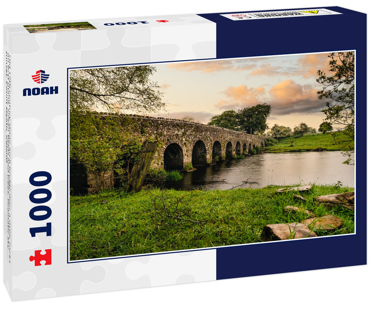 Old 12th century stone arch bridge over a river, rocks on first plane. Green fields and trees. Dramatic sky sunset. Count Meath, Ireland