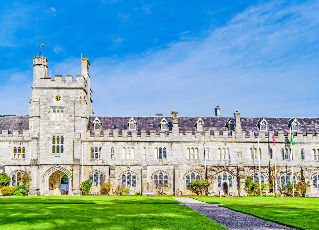 Front view of the Long Hall and Clock Tower of University College Cork, Ireland