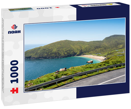 Sheep on a cliff in focus, Keem beach out of focus, Achill island in county Mayo, Ireland, warm sunny day. Clear blue sky and water of the Atlantic ocean. Irish landscape