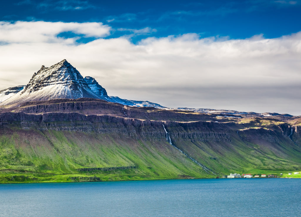 Volcanic mountain over fjord, Iceland