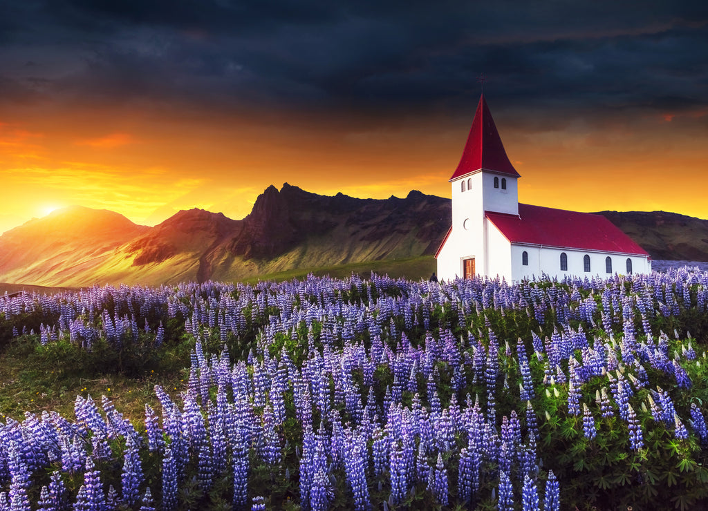 Lutheran church in Vik. Fantastic sunset. Iceland