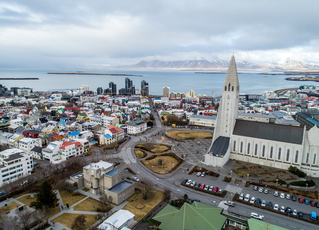 famous Hallgrimskirkja Cathedral and the city of Reykjavik in Iceland