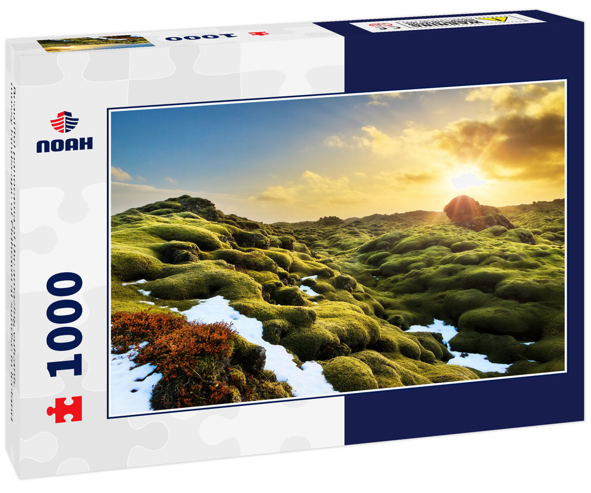 Beautiful panorama of the amazing volcanic mossy landscape of Eldhraun at sunrise in Iceland