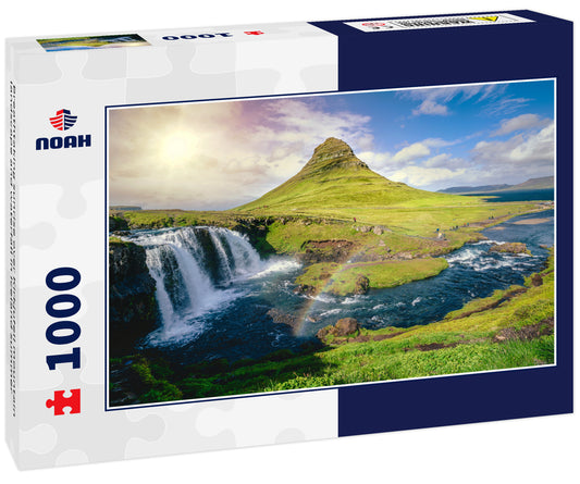 Breathtaking sunrise over Kirkjufell mountain landscape and waterfall in Iceland summer