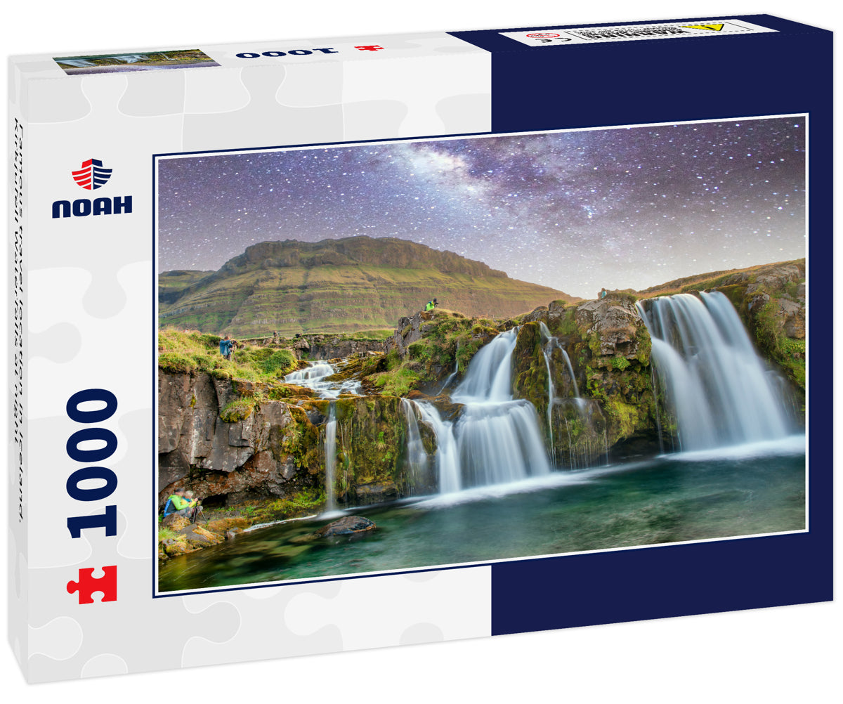 Famous travel location in Iceland. Kirkjufell Waterfalls at night