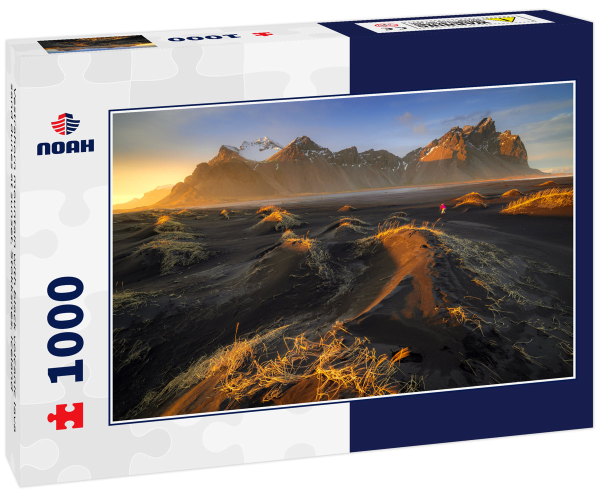 Vestrahorn mountain with black volcanic lava sand dunes at sunset, Stokksnes, Iceland