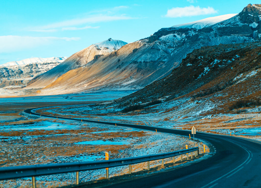 breathtaking winter landscape of Iceland. View from the road. Unusual beauty of nature