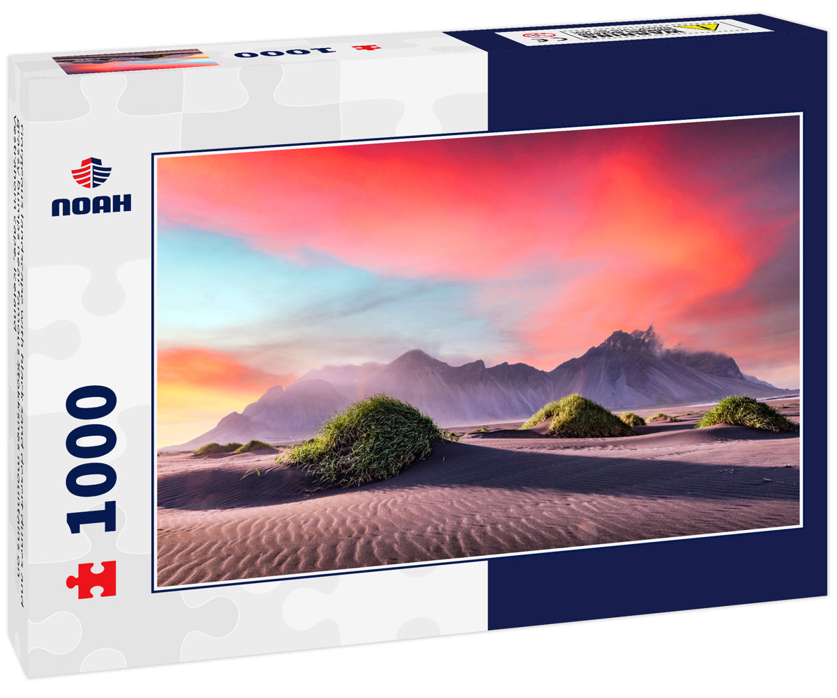 Gorgeous landscape with black sand desert dunes and grassy bumps near famous Stokksnes mountains on Vestrahorn cape, Iceland