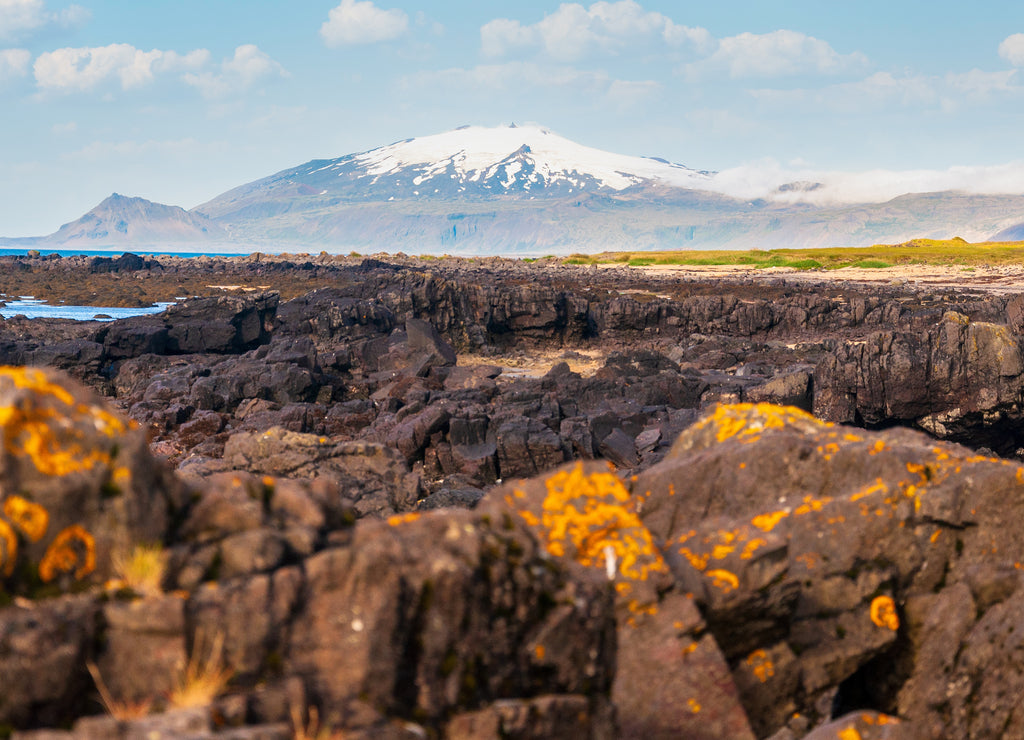 Beautiful volcanic rocks landscape in Iceland with mountain background of Snæfellsjökull glacier in Snæfellsnes peninsula. Iceland