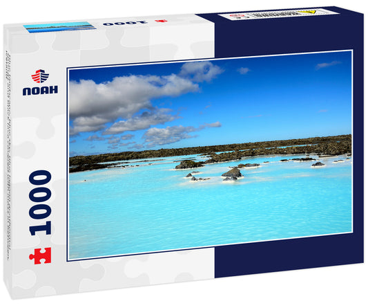 Blue landscape, blue sky, Blue lagoon geothermal springs and black lava covered with moss in between, Iceland