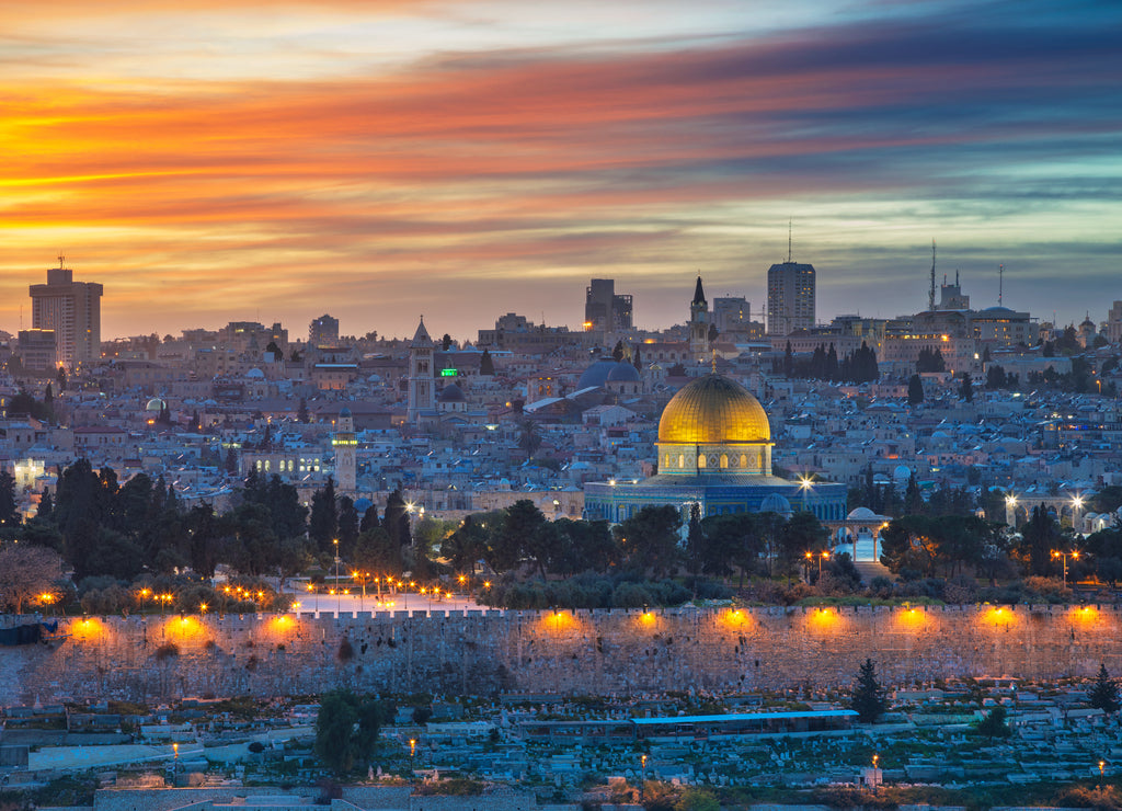 Old Town of Jerusalem. Cityscape image of Jerusalem, Israel with Dome of the Rock at sunset