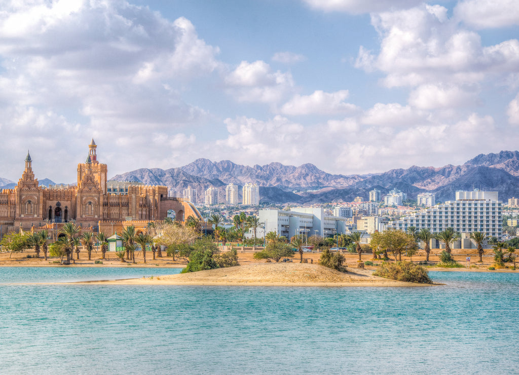 Cityscape of Eilat viewed behind the peace lagoon, Israel
