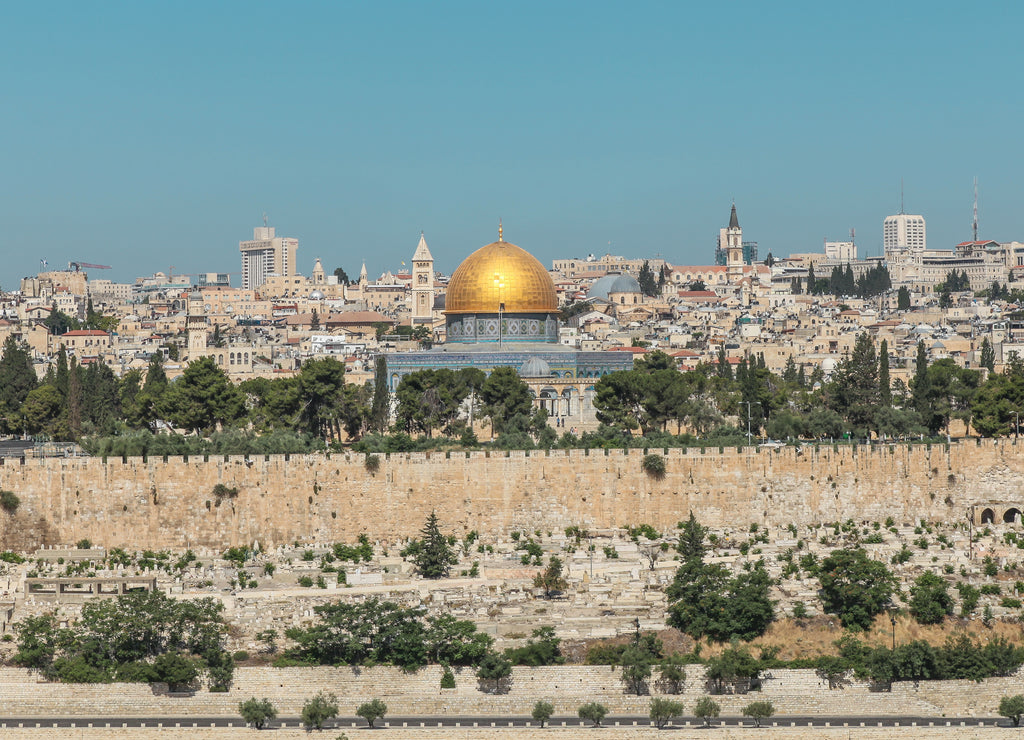 Jerusalem old city viewed from the Mount of Olives, Jerusalem, Israel. Temple Mount and Dome of the Rock can be seen