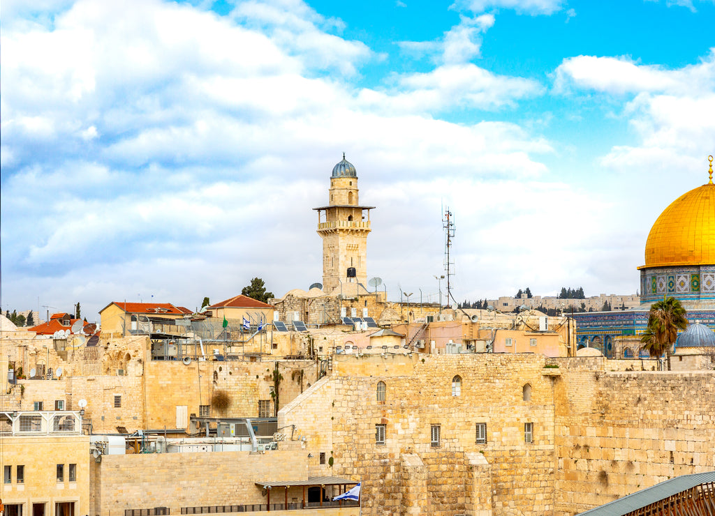 A view of the Temple Mount in Jerusalem, including the Western Wall and the golden Dome of the Rock