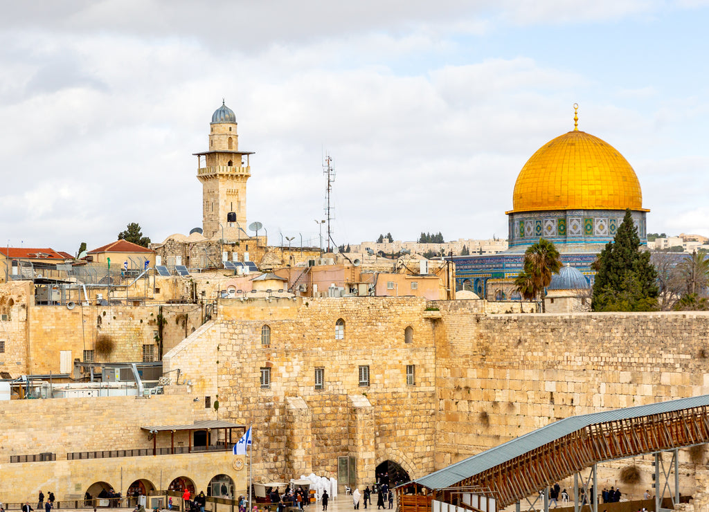 A view of the Temple Mount in Jerusalem, including the Western Wall and the golden Dome of the Rock